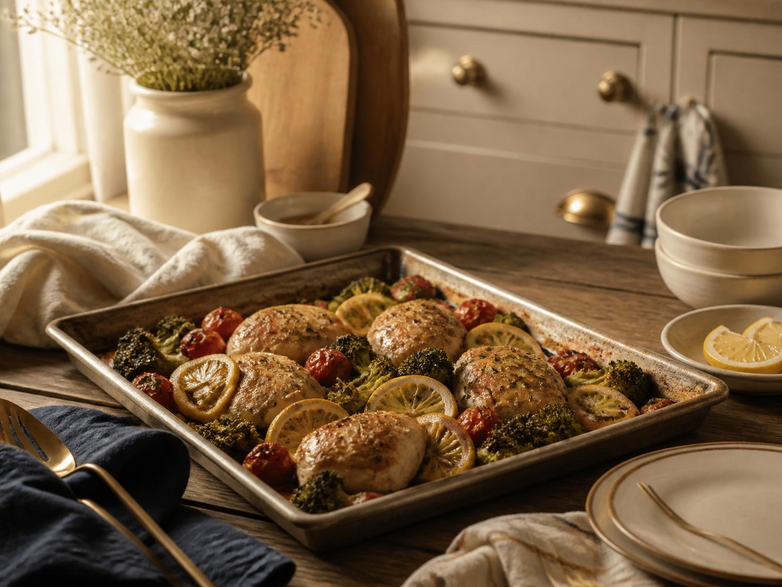 Sheet-pan lemon chicken with broccoli and cherry tomatoes on a warm kitchen table
