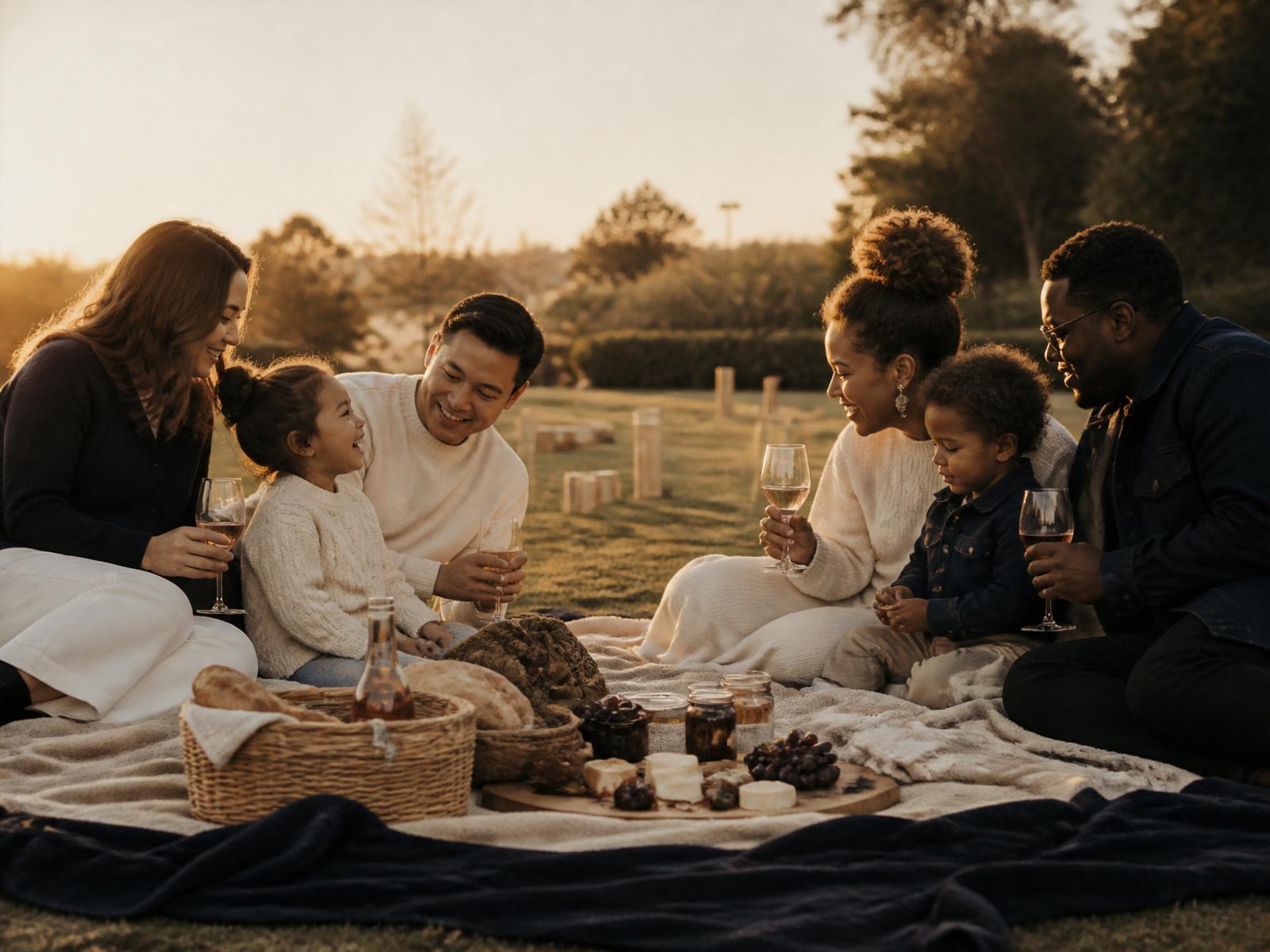 Diverse families picnicking on the lawn while kids play kubb in the background